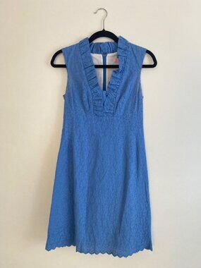 Lilly Pulitzer Blue Sleeveless Eyelet Dress With Ruffle V-Neck & Scalloped Hem S